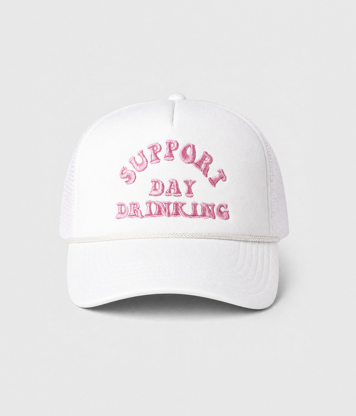 SUPPORT DAY DRINKING TRUCKER. foam-front mesh trucker cap in WHITE, front view