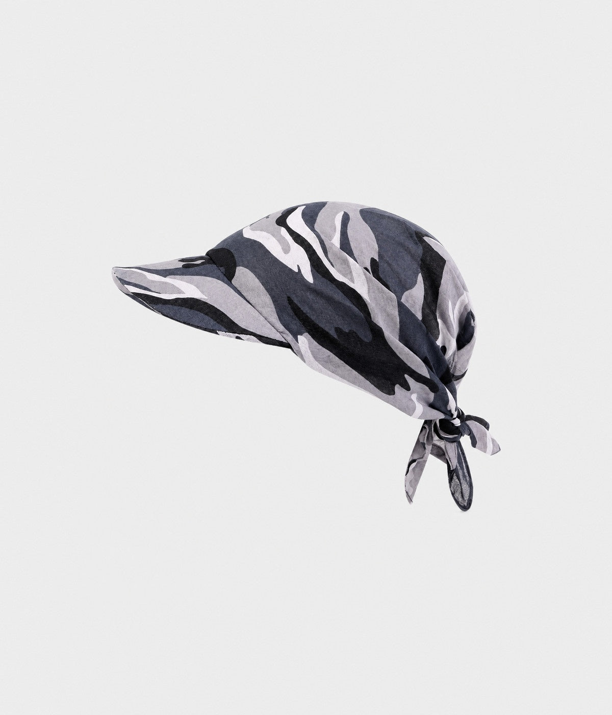 PEAKED BANDANA CAP. peaked bandana cap in grey urban camo, front view