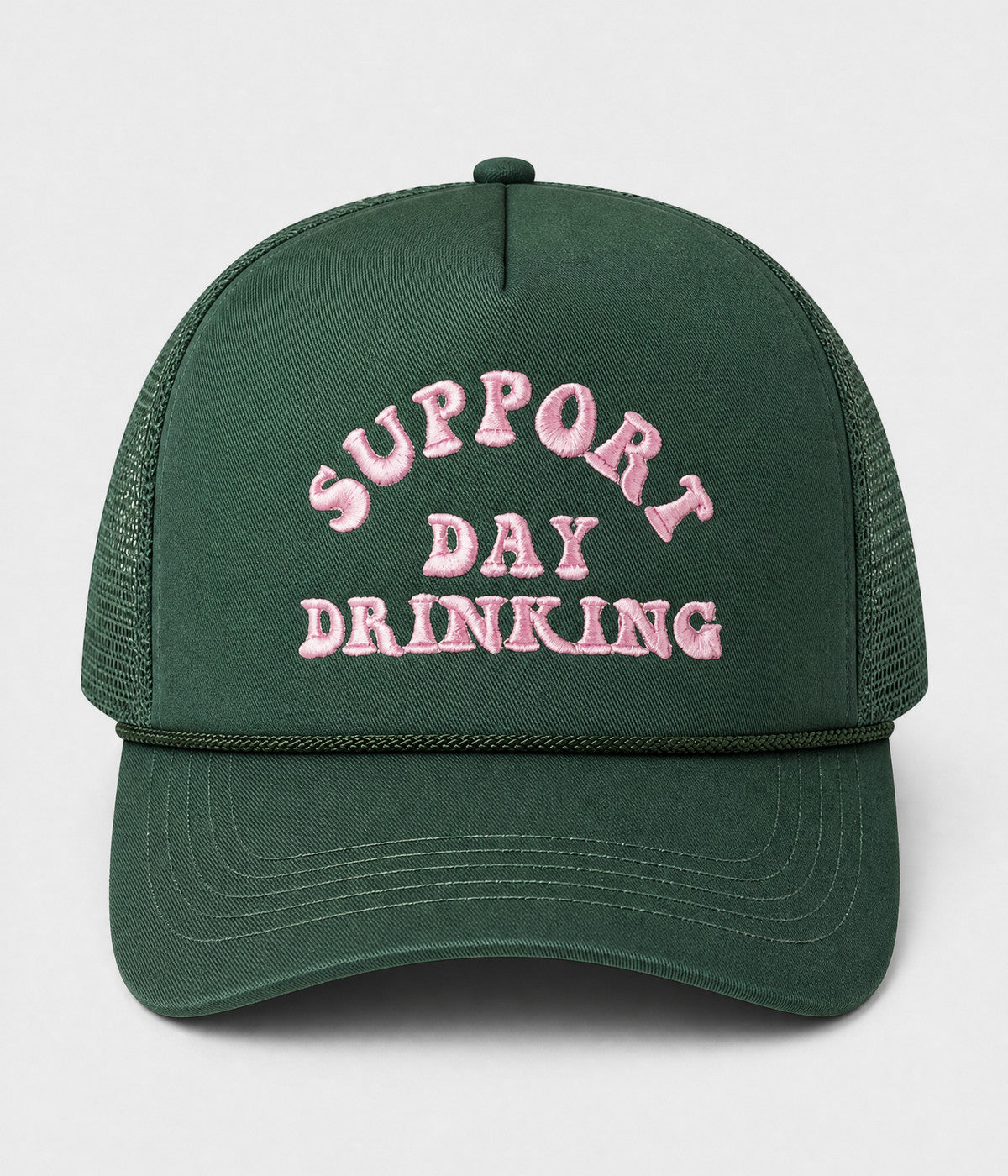 SUPPORT DAY DRINKING TRUCKER. foam-front mesh trucker cap in GREEN, front view
