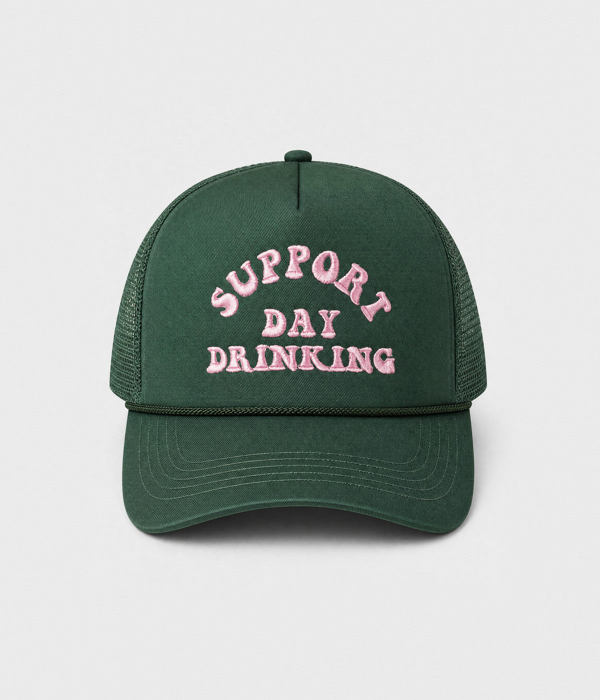 SUPPORT DAY DRINKING TRUCKER. foam-front mesh trucker cap in GREEN, front view