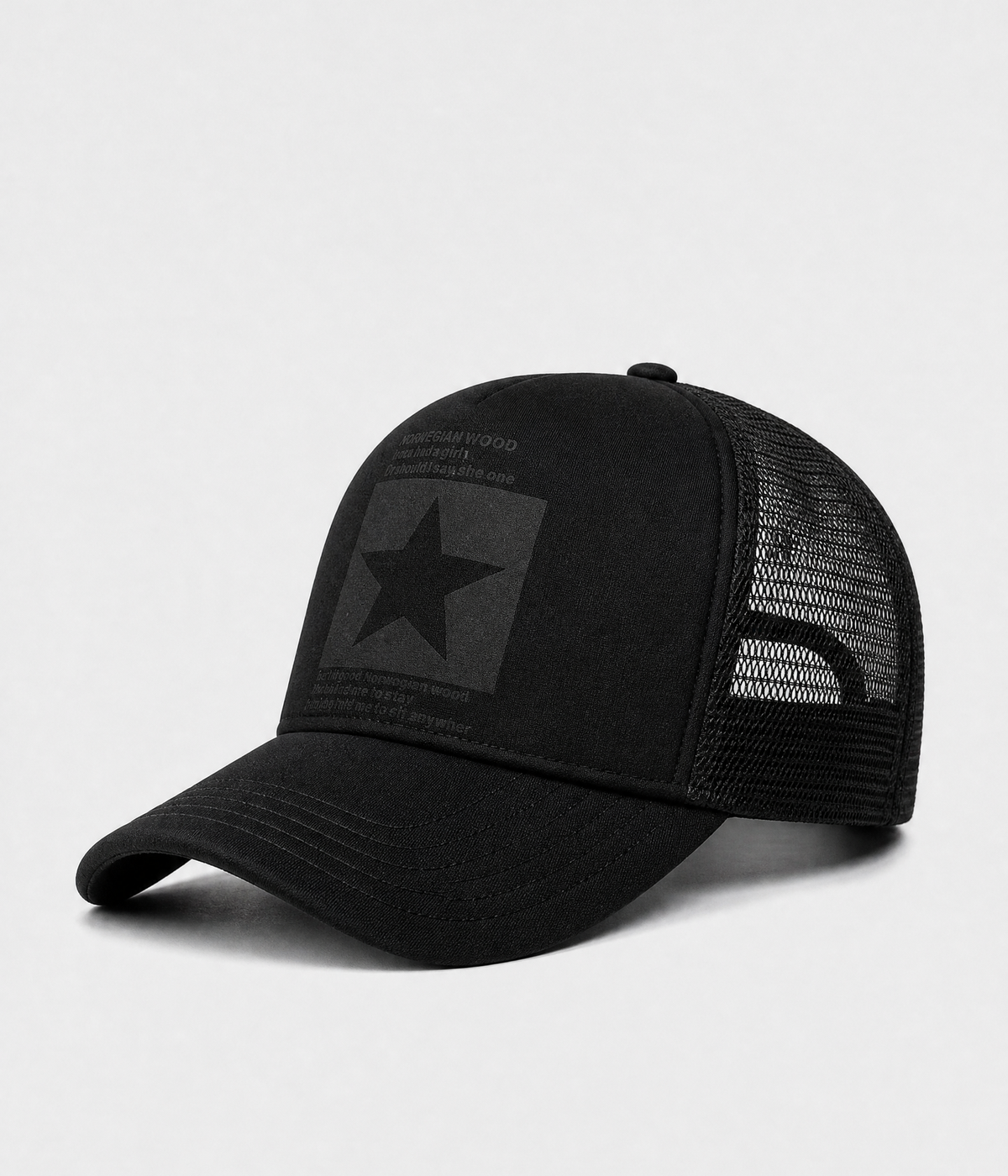 STAR TRUCKER. cotton-polyester trucker cap in all black, side view