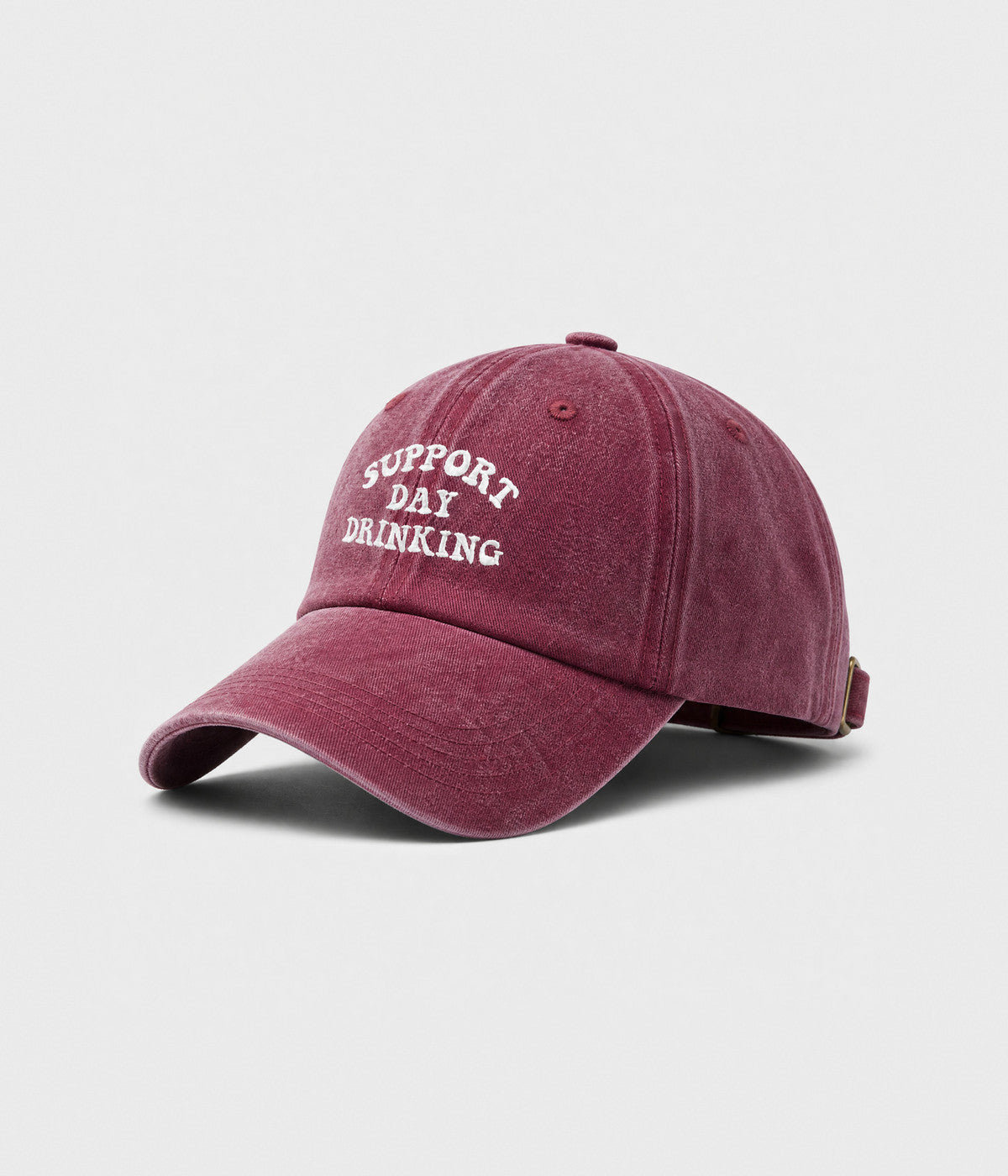 SUPPORT DAY DRINKING. washed cotton cap in RED, side view