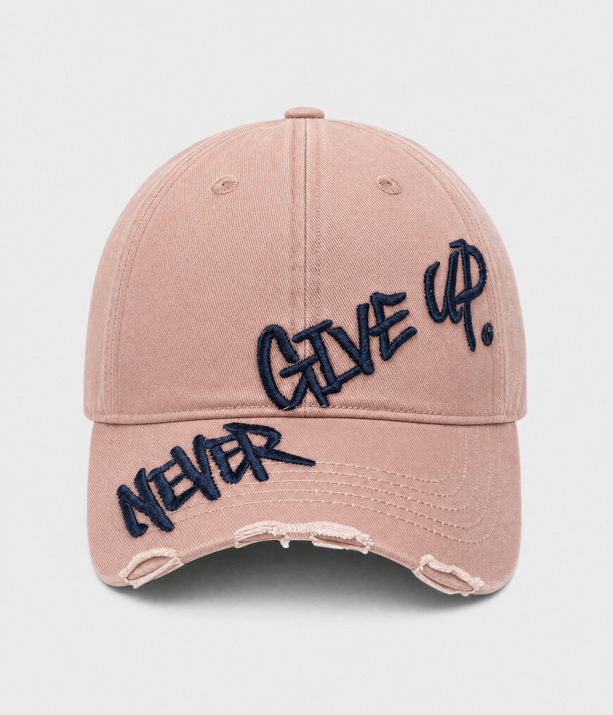 NEVER GIVE UP. washed distressed cotton dad cap in PINK, front view