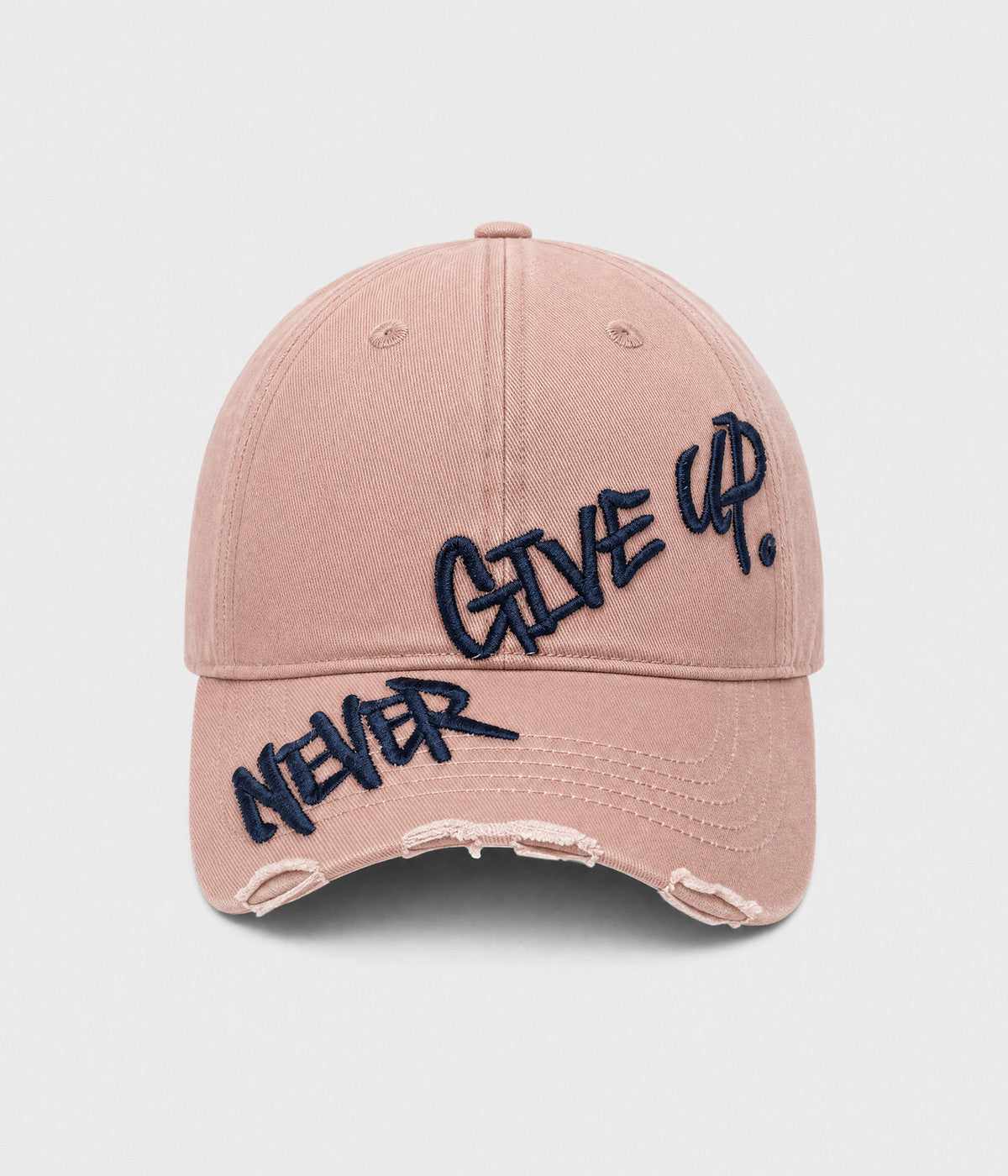 NEVER GIVE UP. washed distressed cotton dad cap in PINK, front view