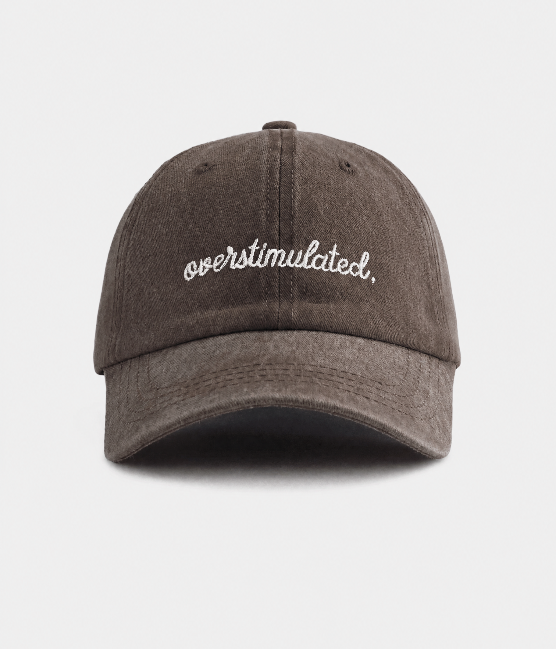 OVERSTIMULATED. washed cotton dad cap in coffee, front view