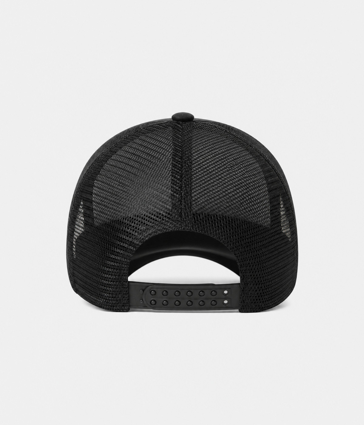 STAR TRUCKER. cotton-polyester trucker cap in all black, back view