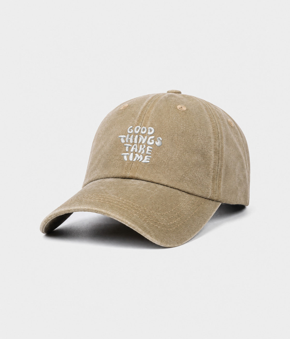 GOOD THINGS TAKE TIME. washed cotton dad cap in khaki, side view