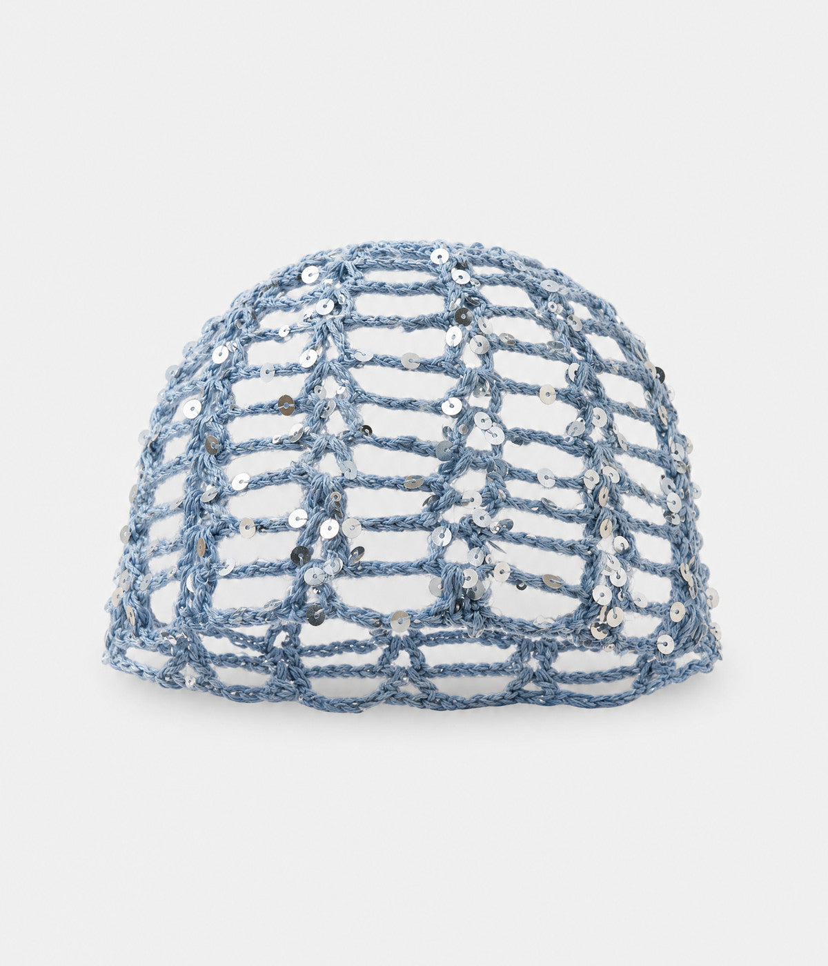 SEQUIN CROCHET CAP. open-work sequin crochet cap in blue, front view