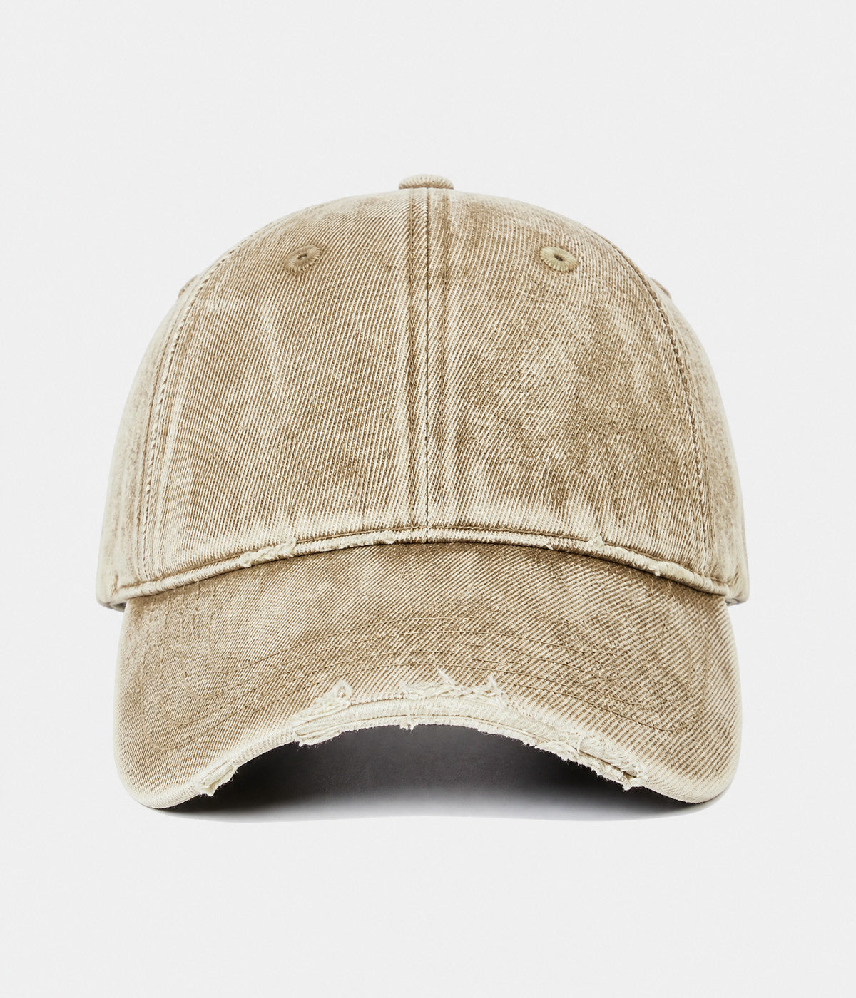 SNOW WASH DENIM. acid-washed denim cap in khaki, front view
