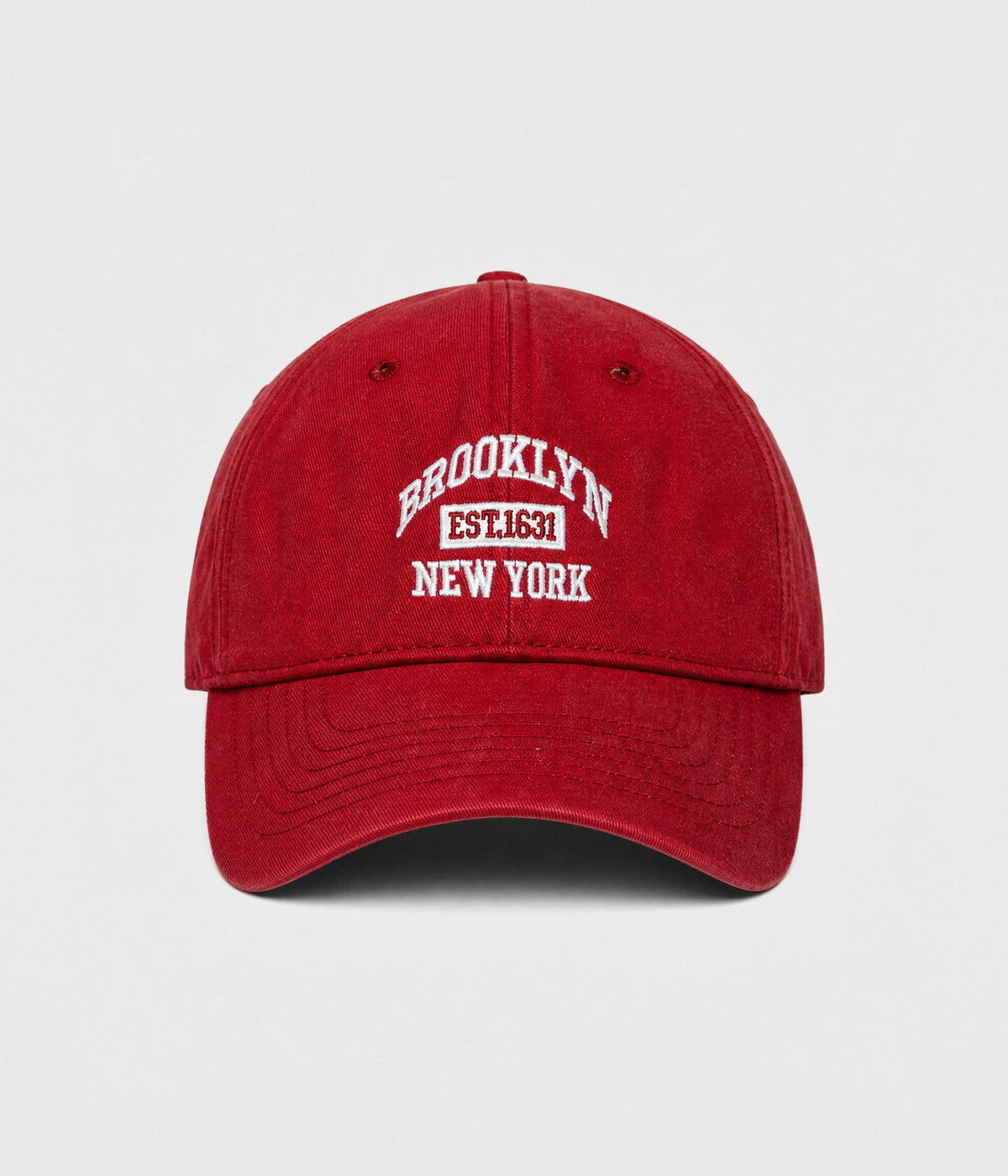 BROOKLYN NY. washed cotton dad cap in red, front view