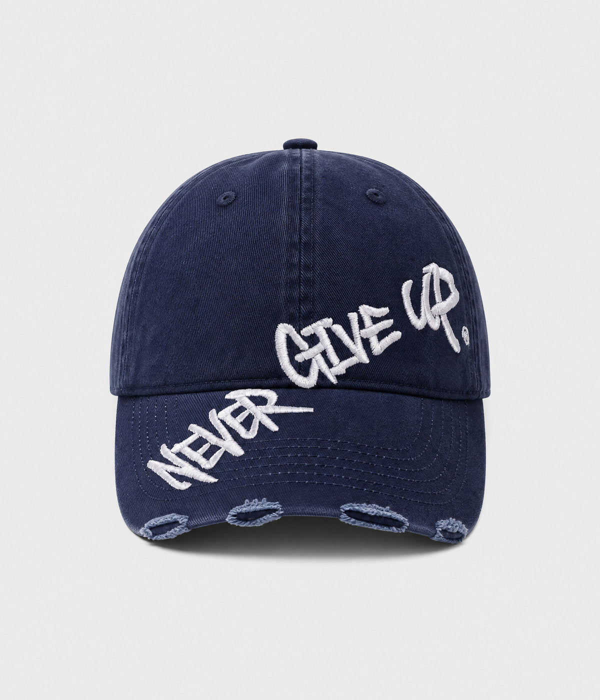 NEVER GIVE UP. washed distressed cotton dad cap in NAVY, front view