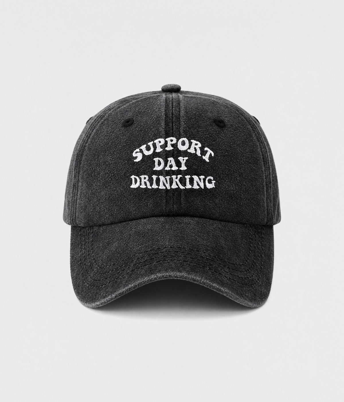 SUPPORT DAY DRINKING. washed cotton cap in BLACK, front view