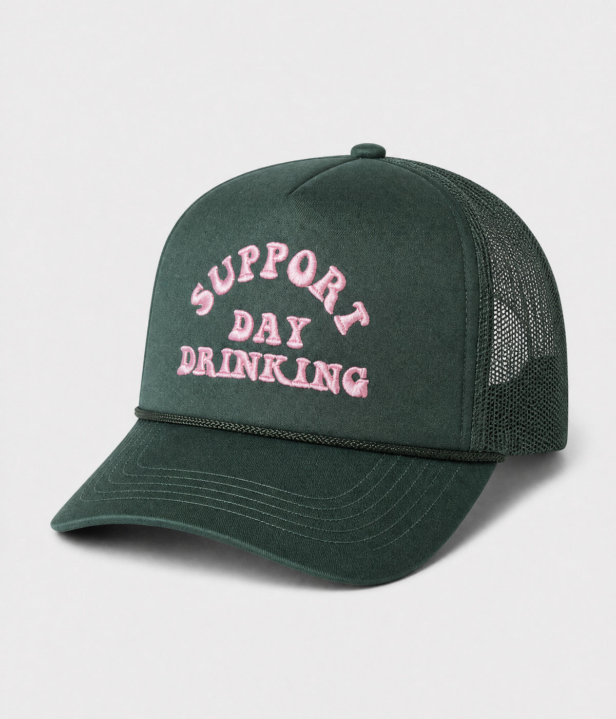SUPPORT DAY DRINKING TRUCKER. foam-front mesh trucker cap in GREEN, side view