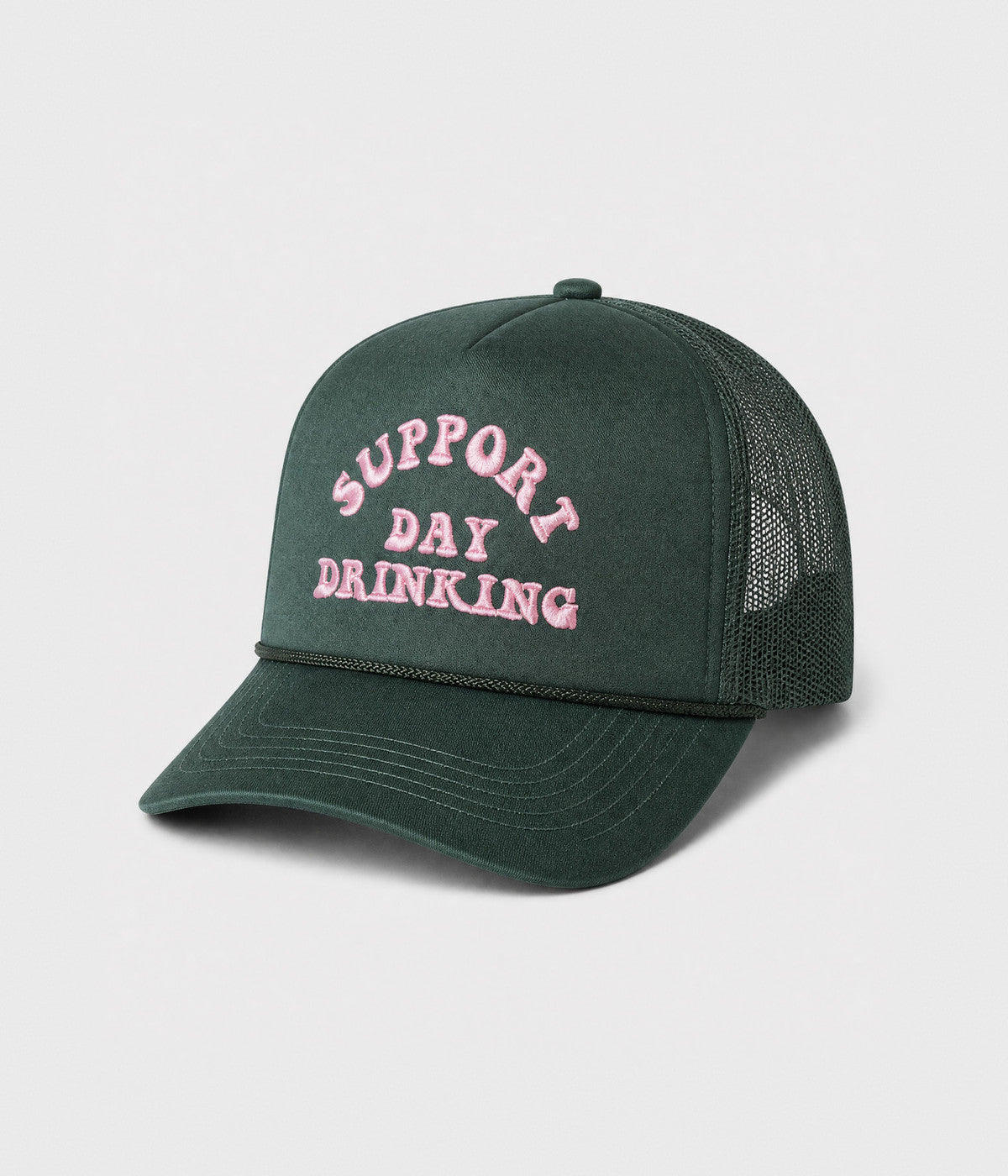 SUPPORT DAY DRINKING TRUCKER. foam-front mesh trucker cap in GREEN, side view