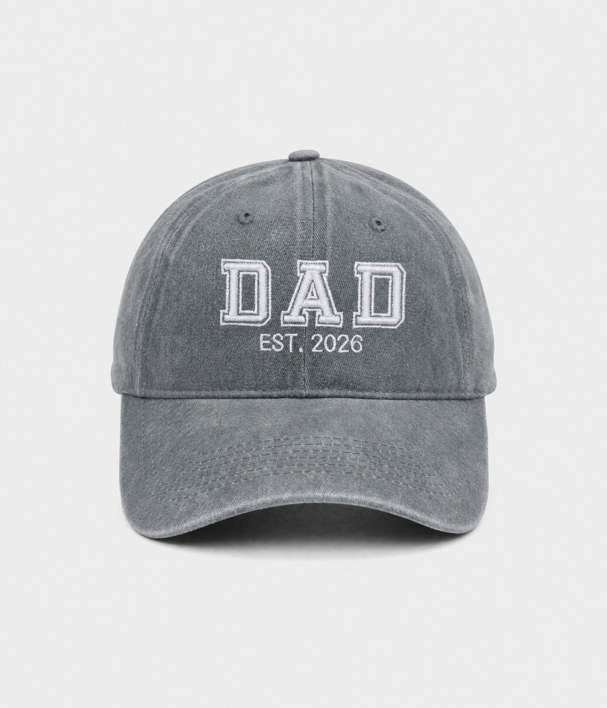 WASHED DAD EST 2026. washed cotton dad cap in GRAY, front view