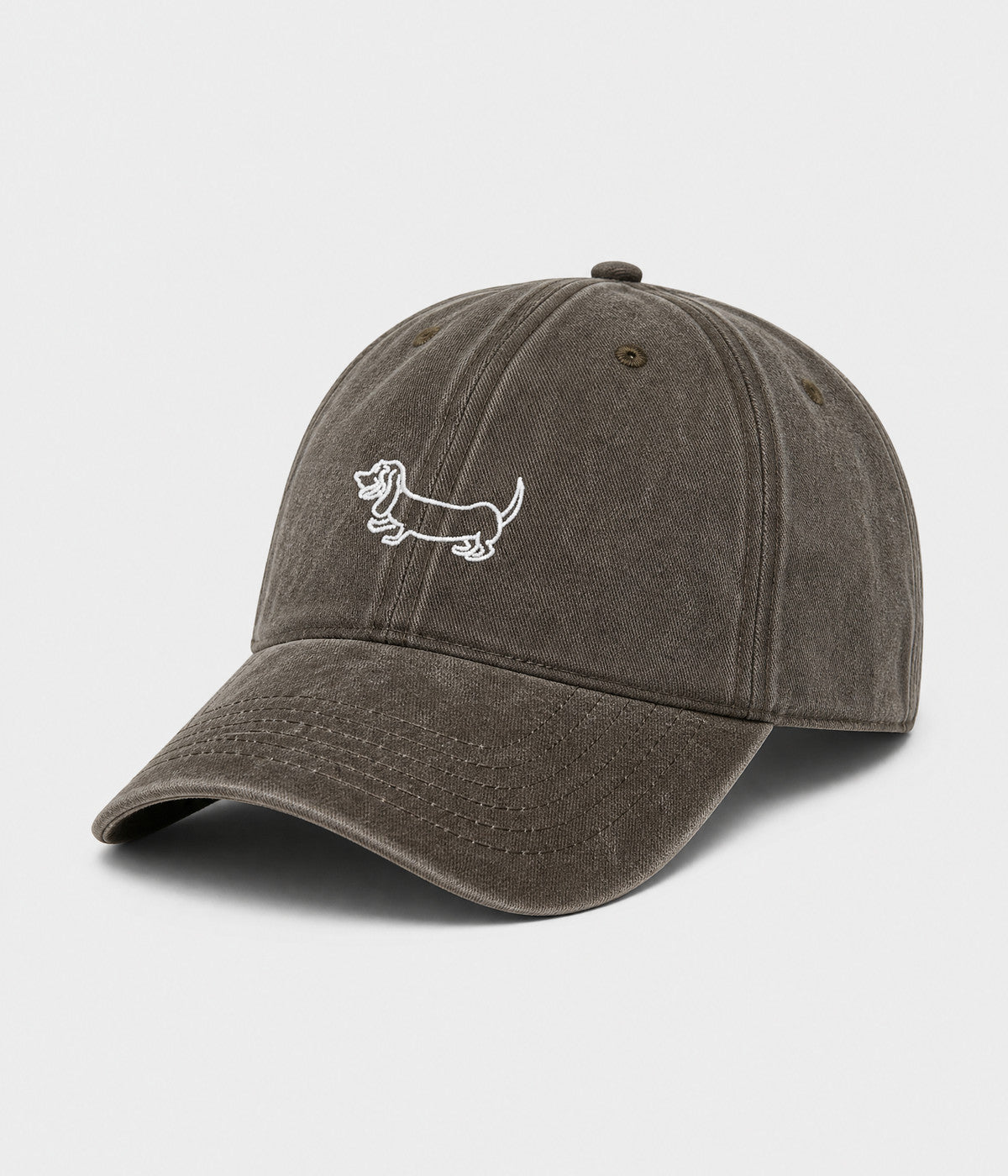 WASHED SAUSAGE DOG. washed cotton cap in COFFEE, side view