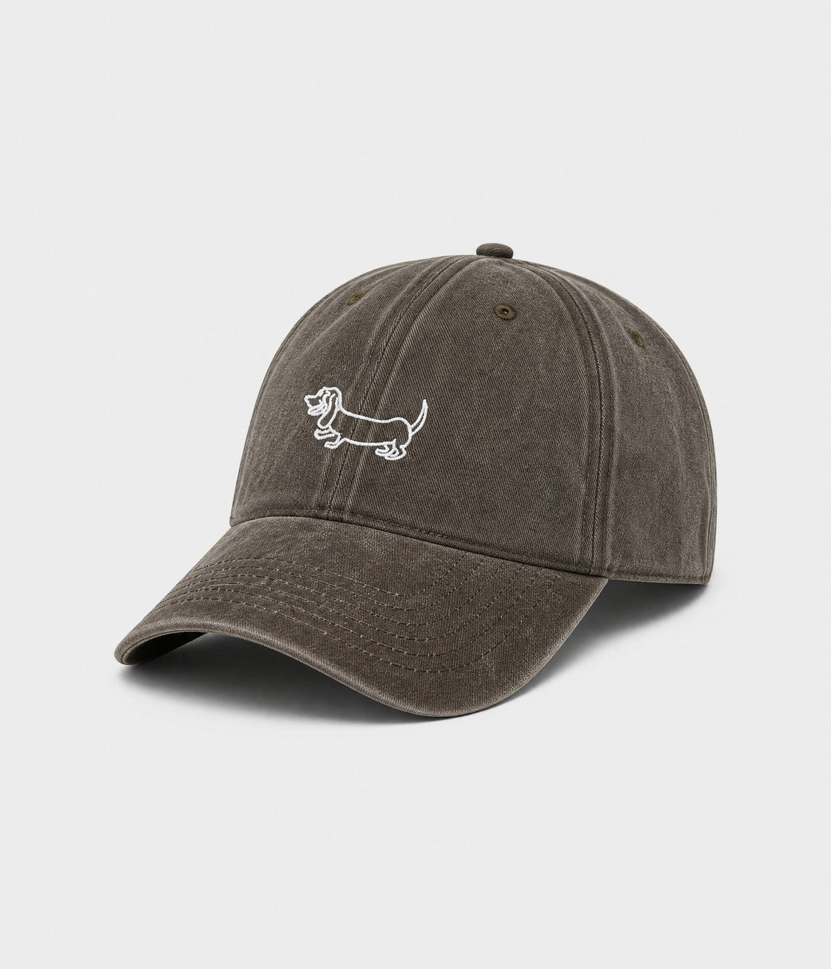 WASHED SAUSAGE DOG. washed cotton cap in COFFEE, side view