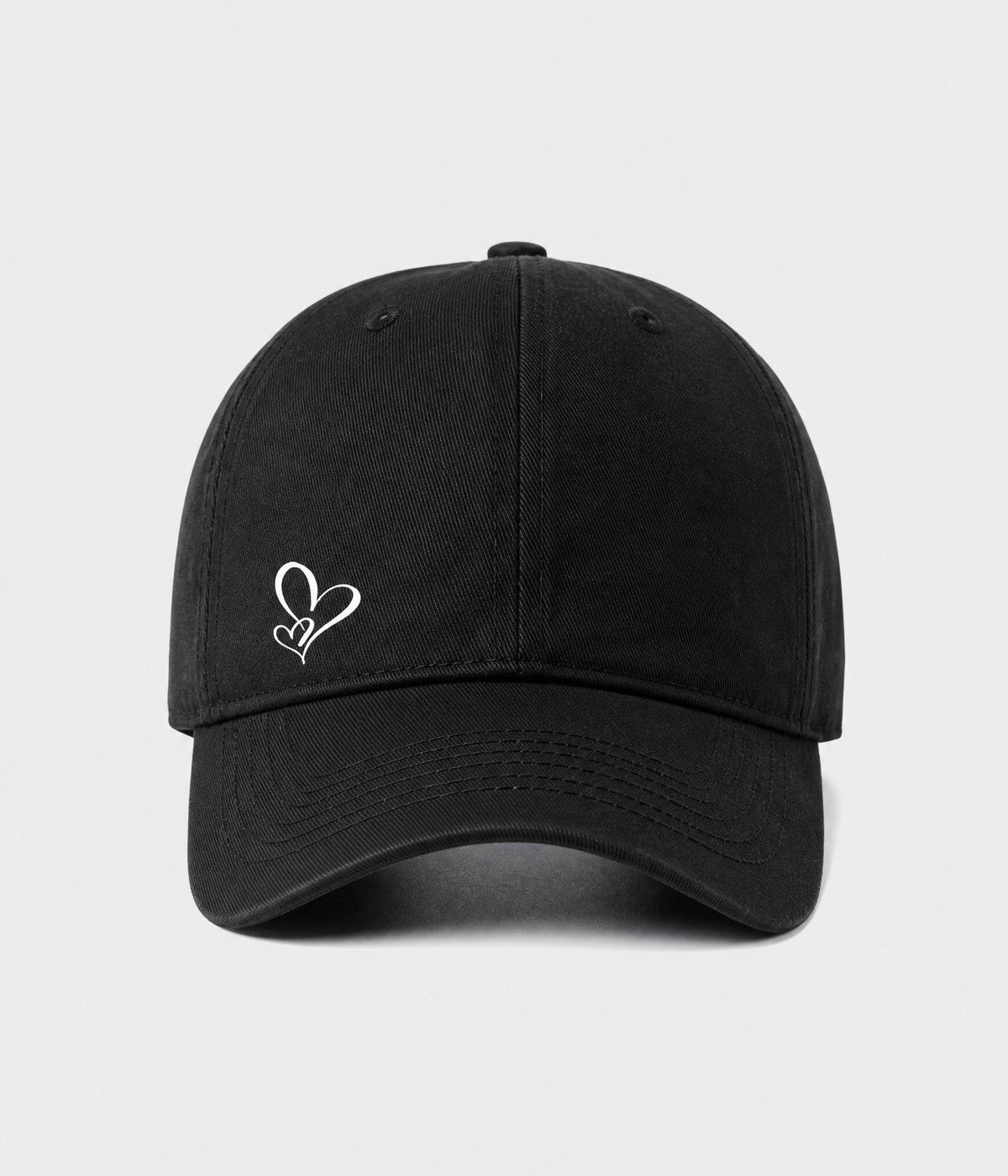 TWO HEARTS. cotton dad cap in black, front view