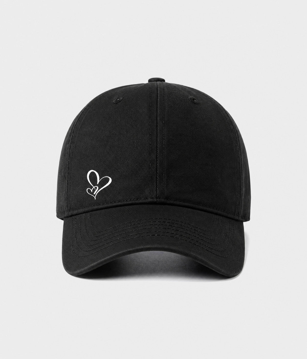TWO HEARTS. cotton dad cap in black, front view