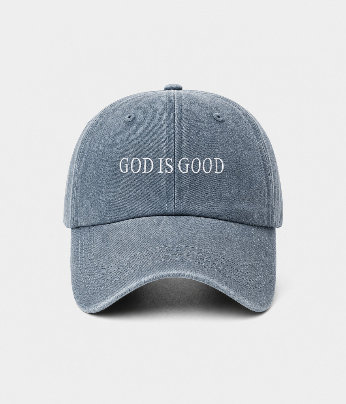 GOD IS GOOD. washed cotton cap in blue, front view