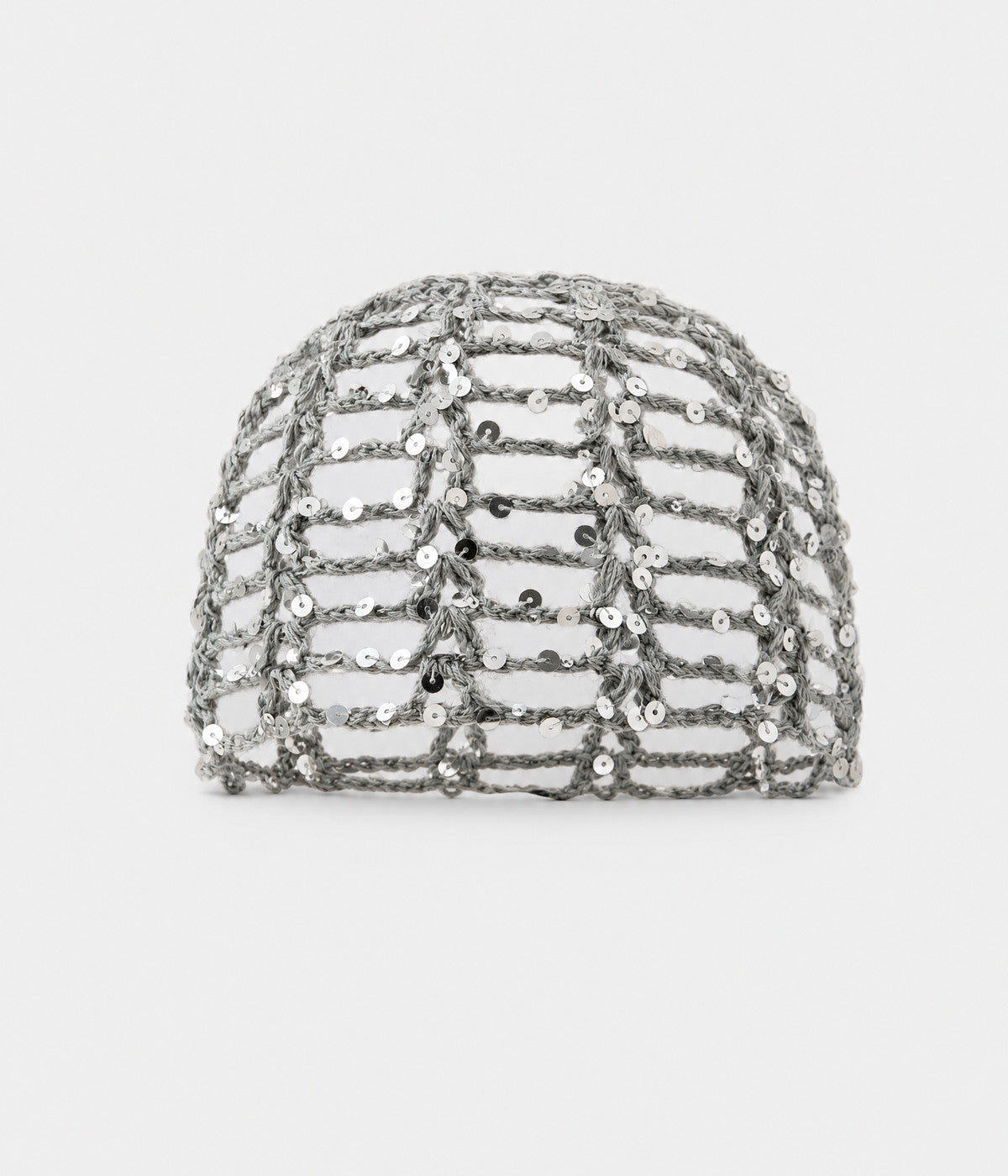 SEQUIN CROCHET CAP. open-work sequin crochet cap in gray, front view