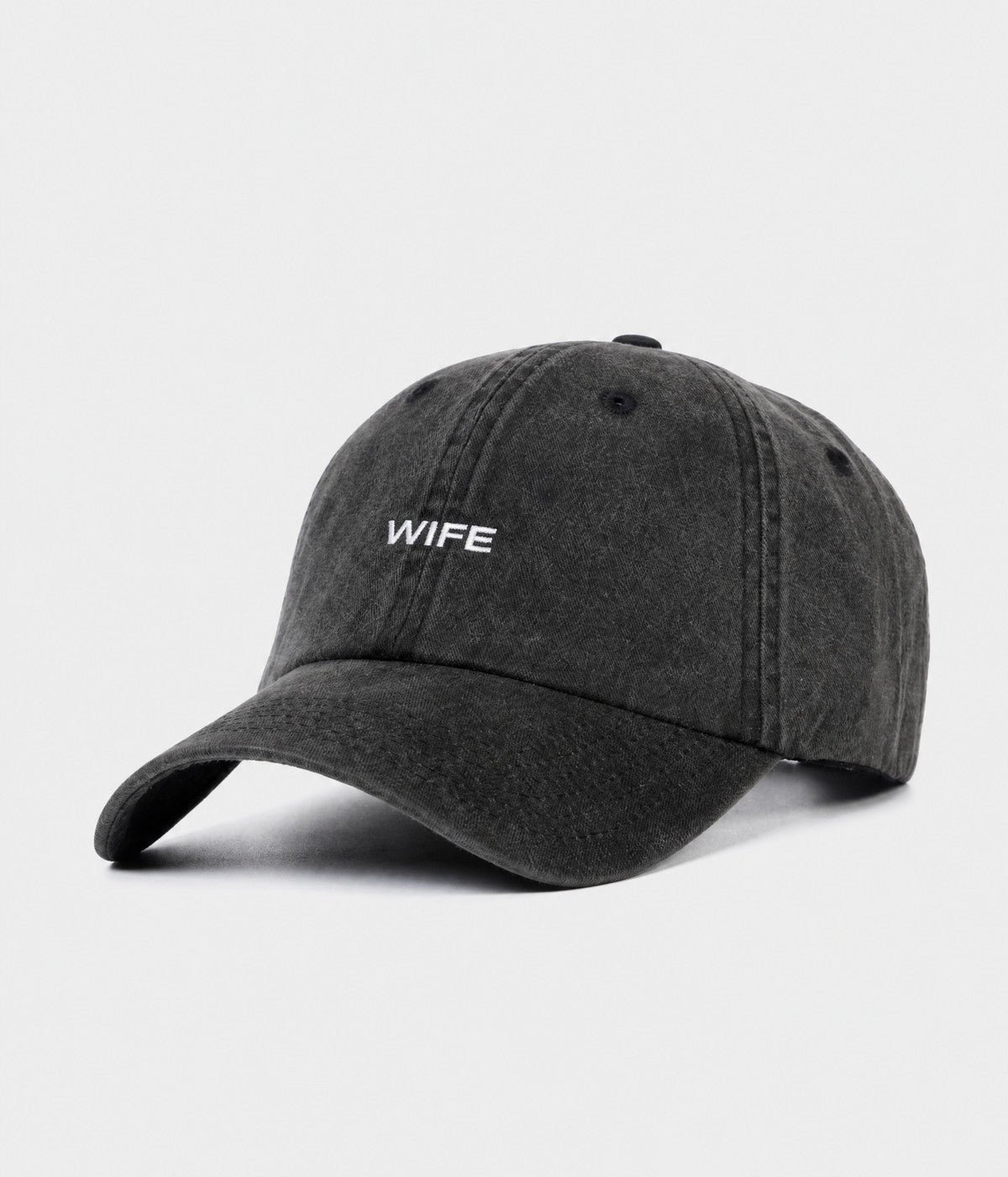 WASHED WIFE. washed cotton dad cap in BLACK, side view