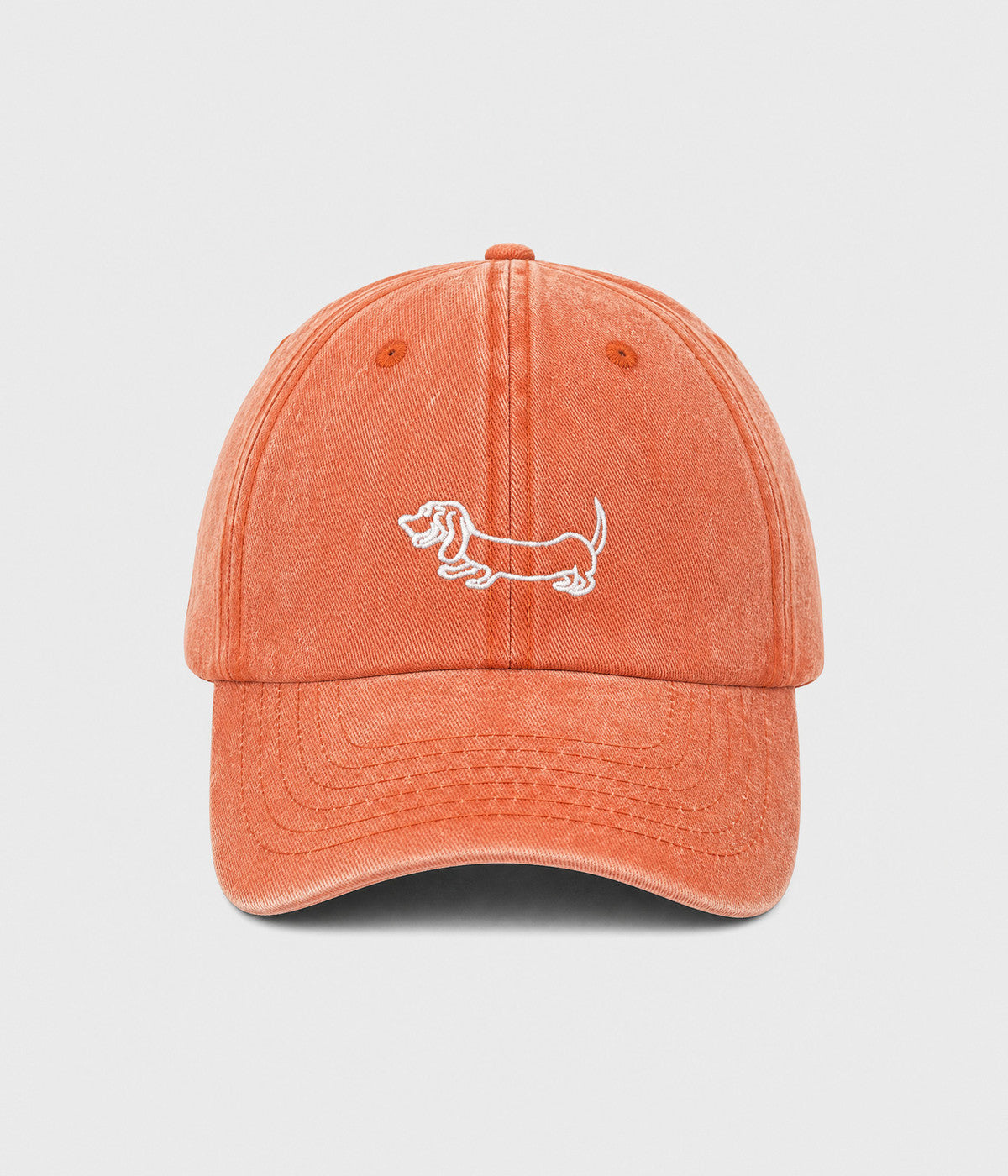 WASHED SAUSAGE DOG. washed cotton cap in ORANGE, front view
