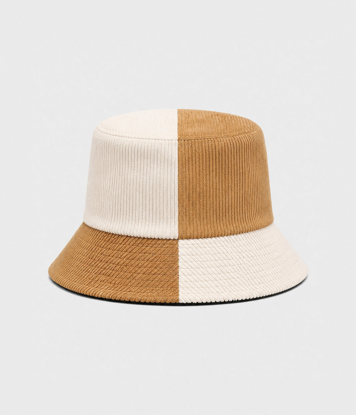 PATCHWORK BUCKET. corduroy bucket hat in BROWN BEIGE, front view