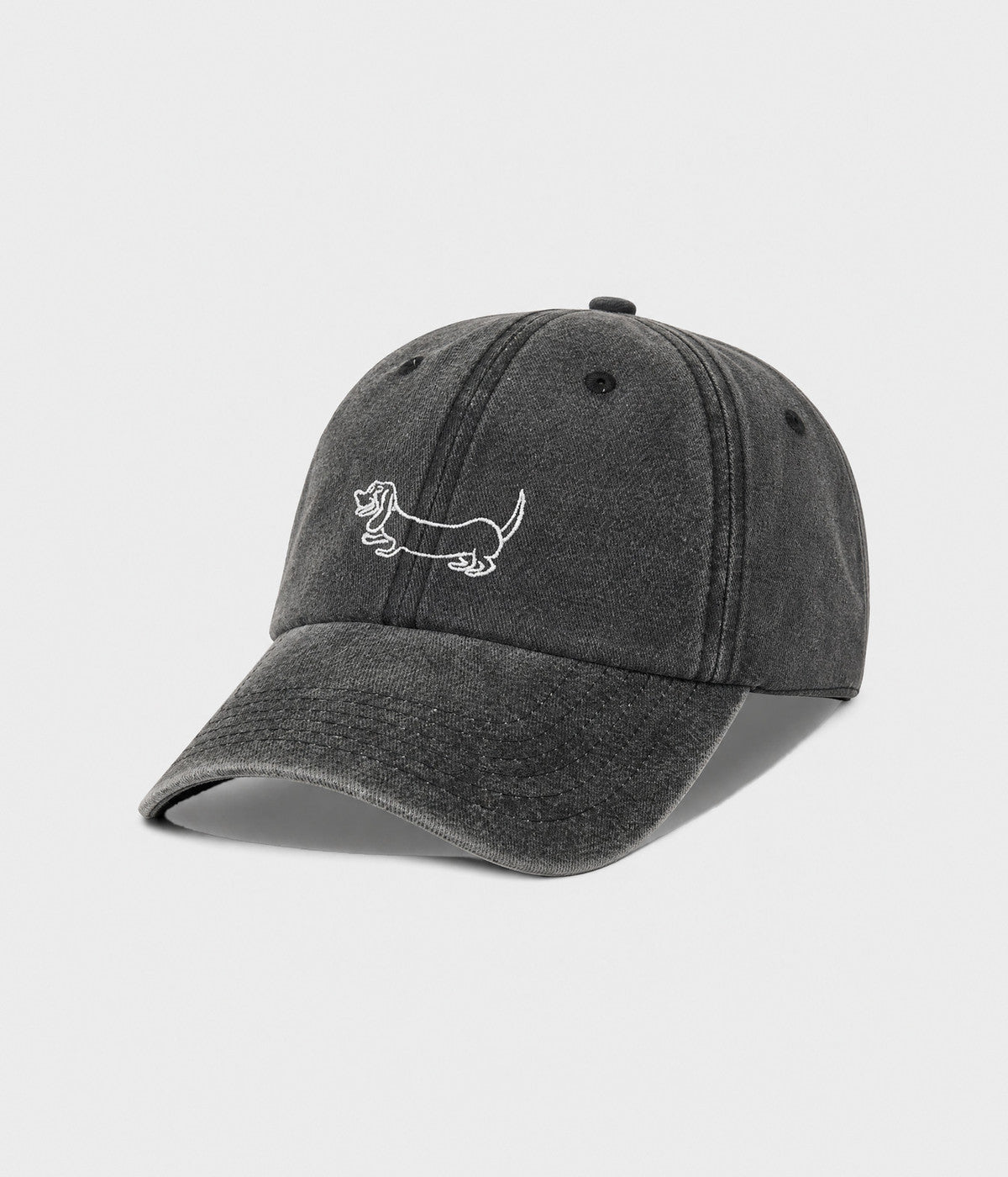 WASHED SAUSAGE DOG. washed cotton cap in BLACK, side view