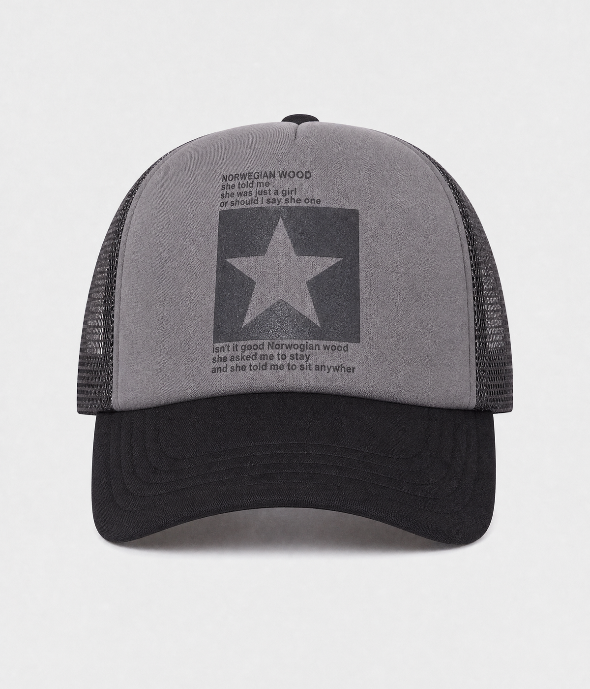 STAR TRUCKER. cotton-polyester trucker cap in gray, front view