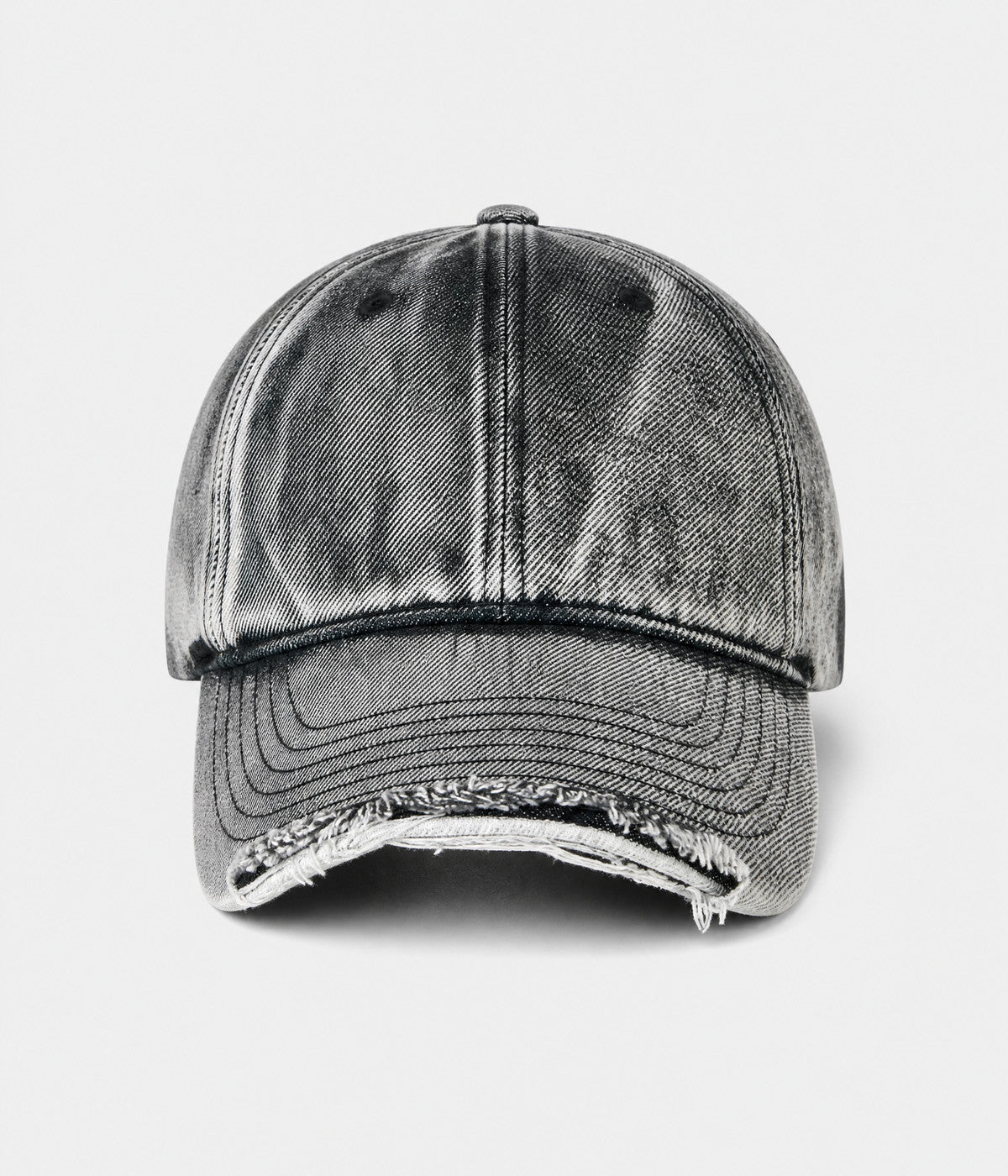 SNOW WASH DENIM. acid-washed denim cap in black, front view