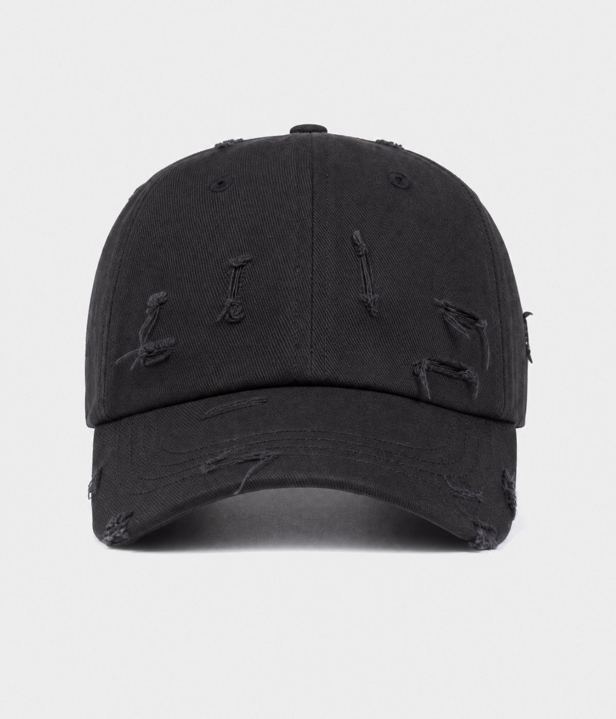 RIPPED COTTON. distressed cotton cap in black, front view