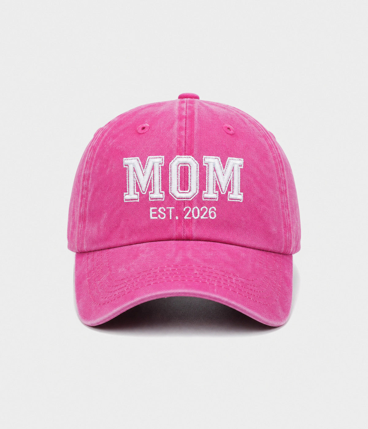 WASHED MOM EST 2026. washed cotton dad cap in ROSE, front view
