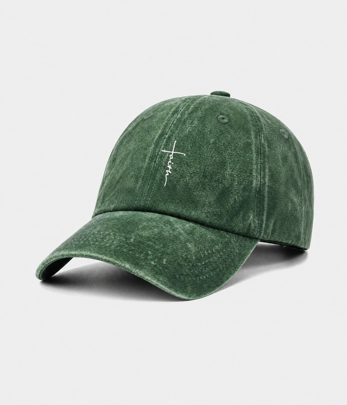 FAITH CROSS. washed cotton cap in GREEN, side view