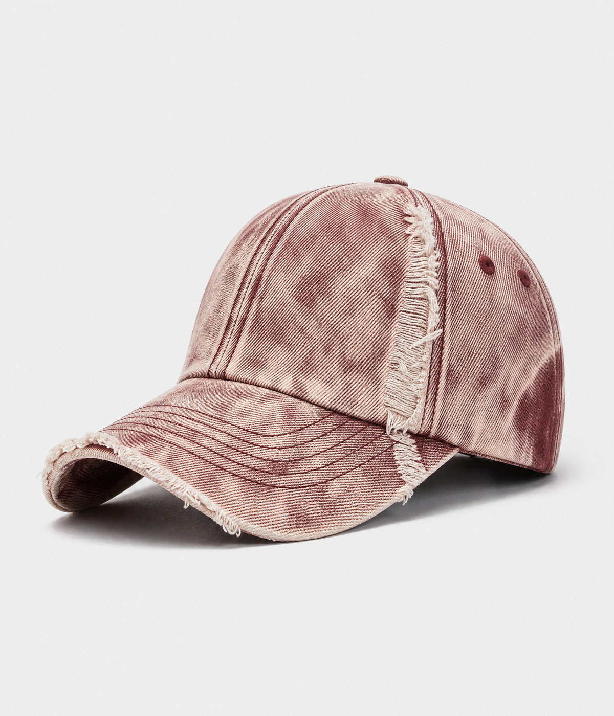 SNOW WASH DENIM. acid-washed denim cap in red, side view