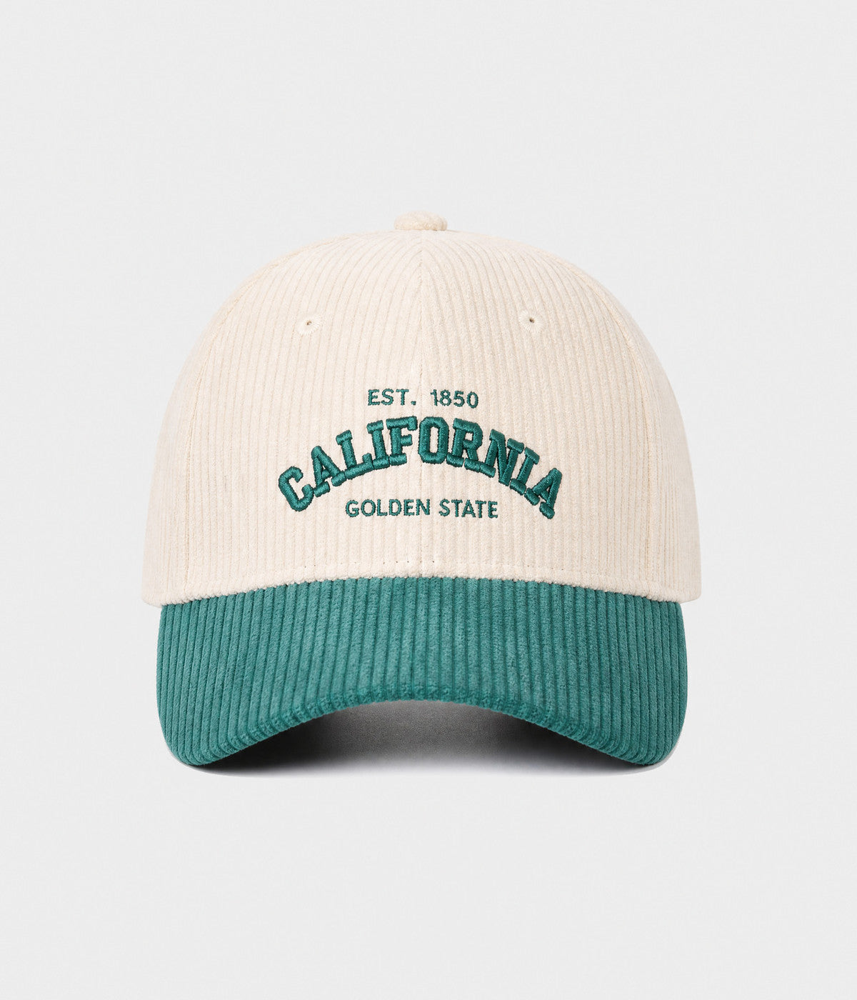 CALIFORNIA CORDUROY. corduroy cap in CREAM/GREEN, front view