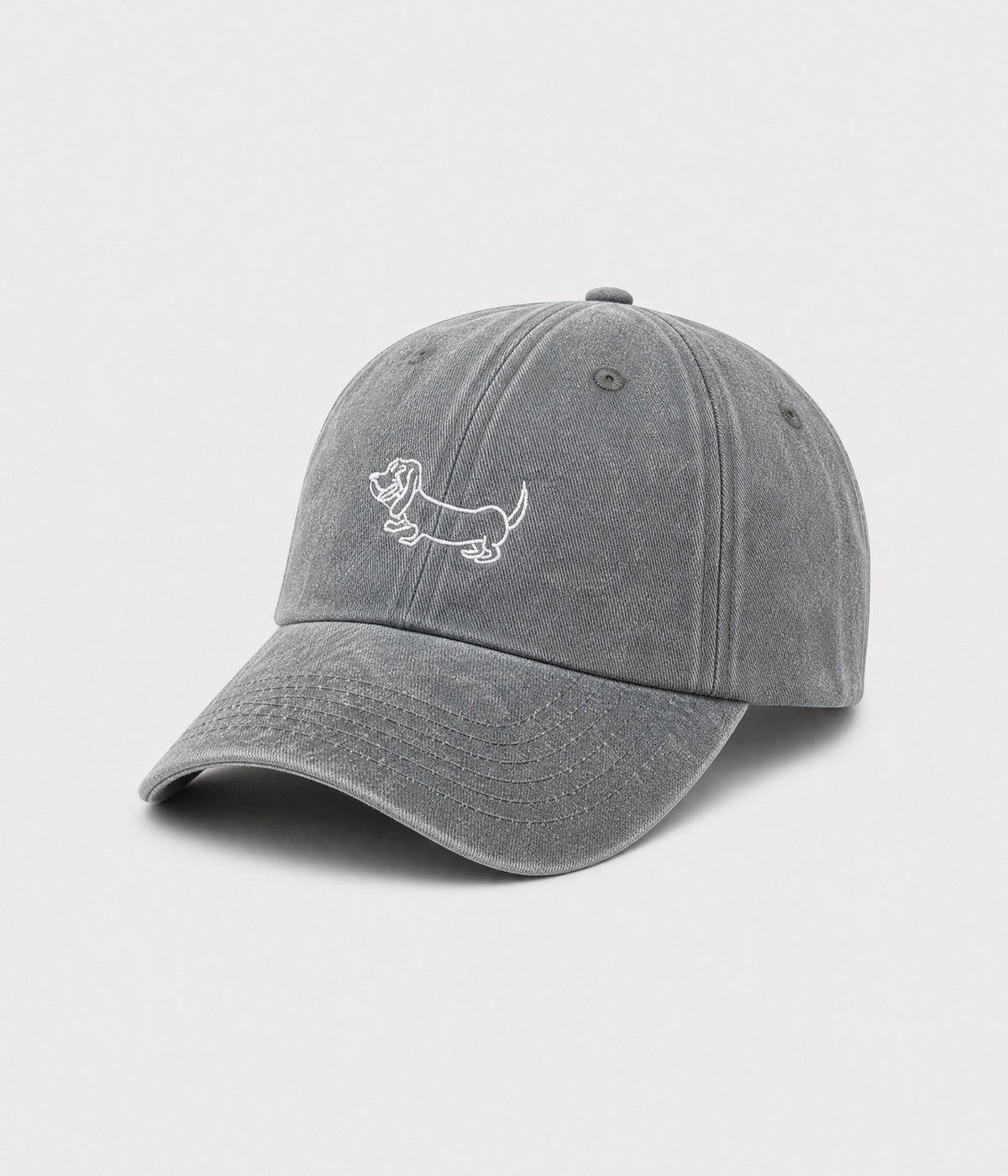 WASHED SAUSAGE DOG. washed cotton cap in GRAY, side view