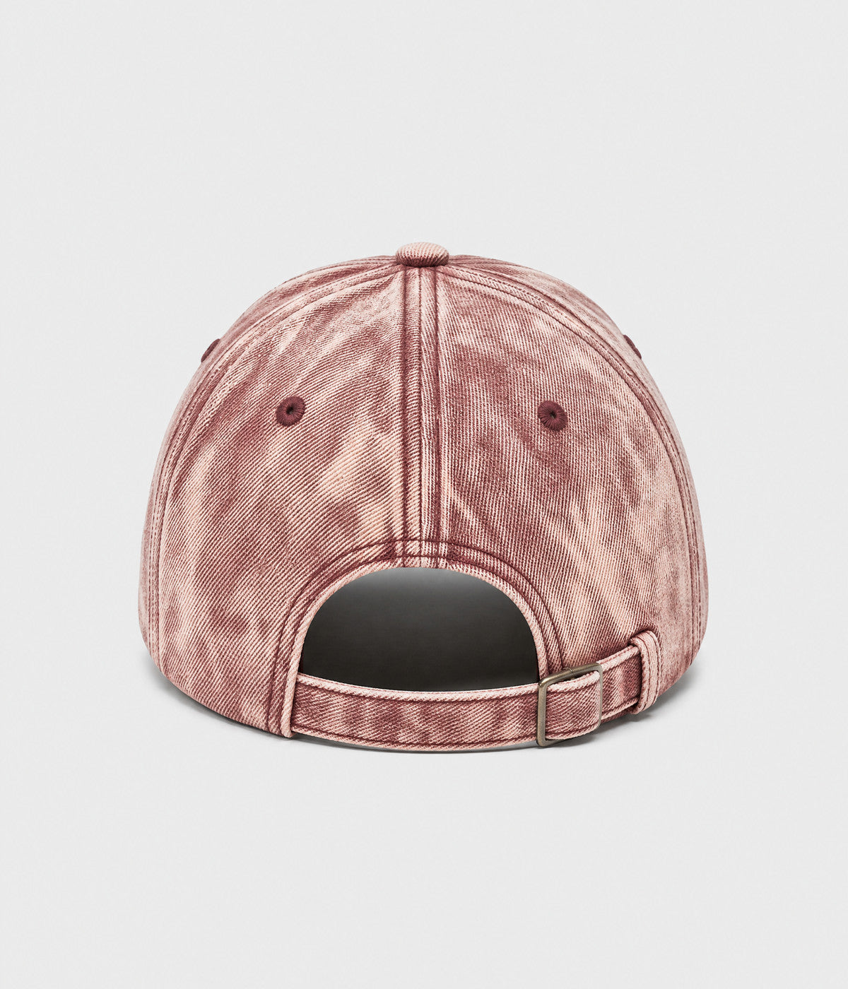 SNOW WASH DENIM. acid-washed denim cap in red, back view