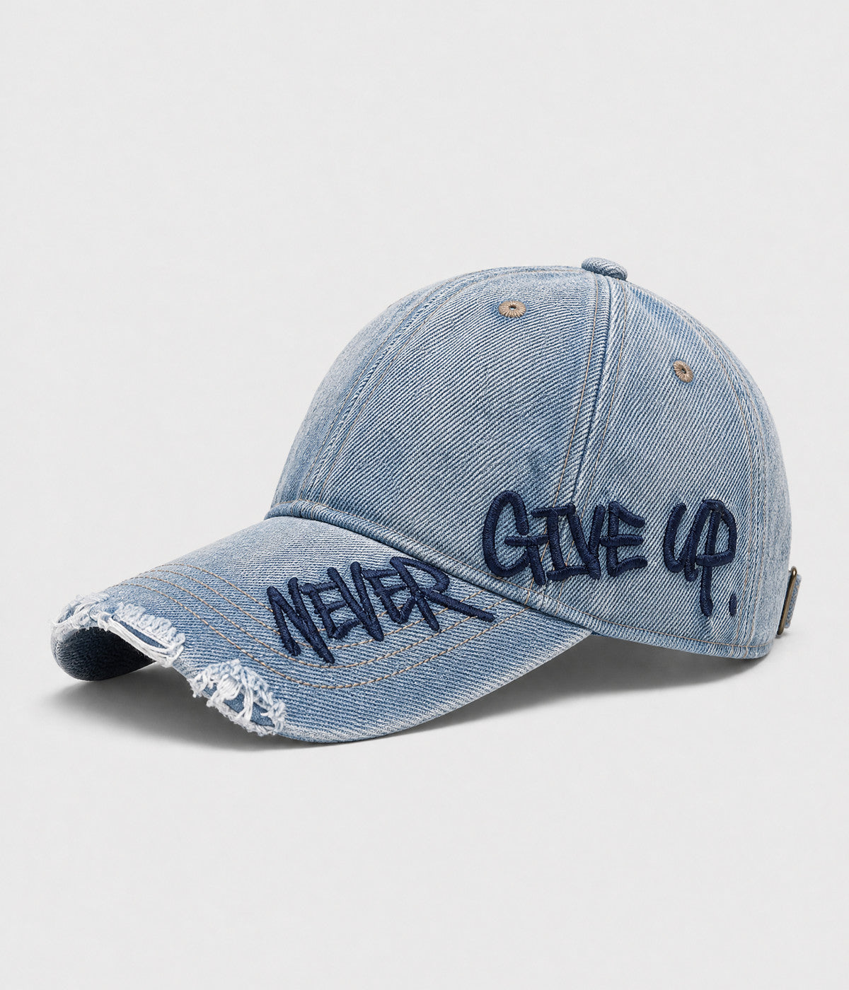 NEVER GIVE UP. washed distressed cotton dad cap in DENIM, side view