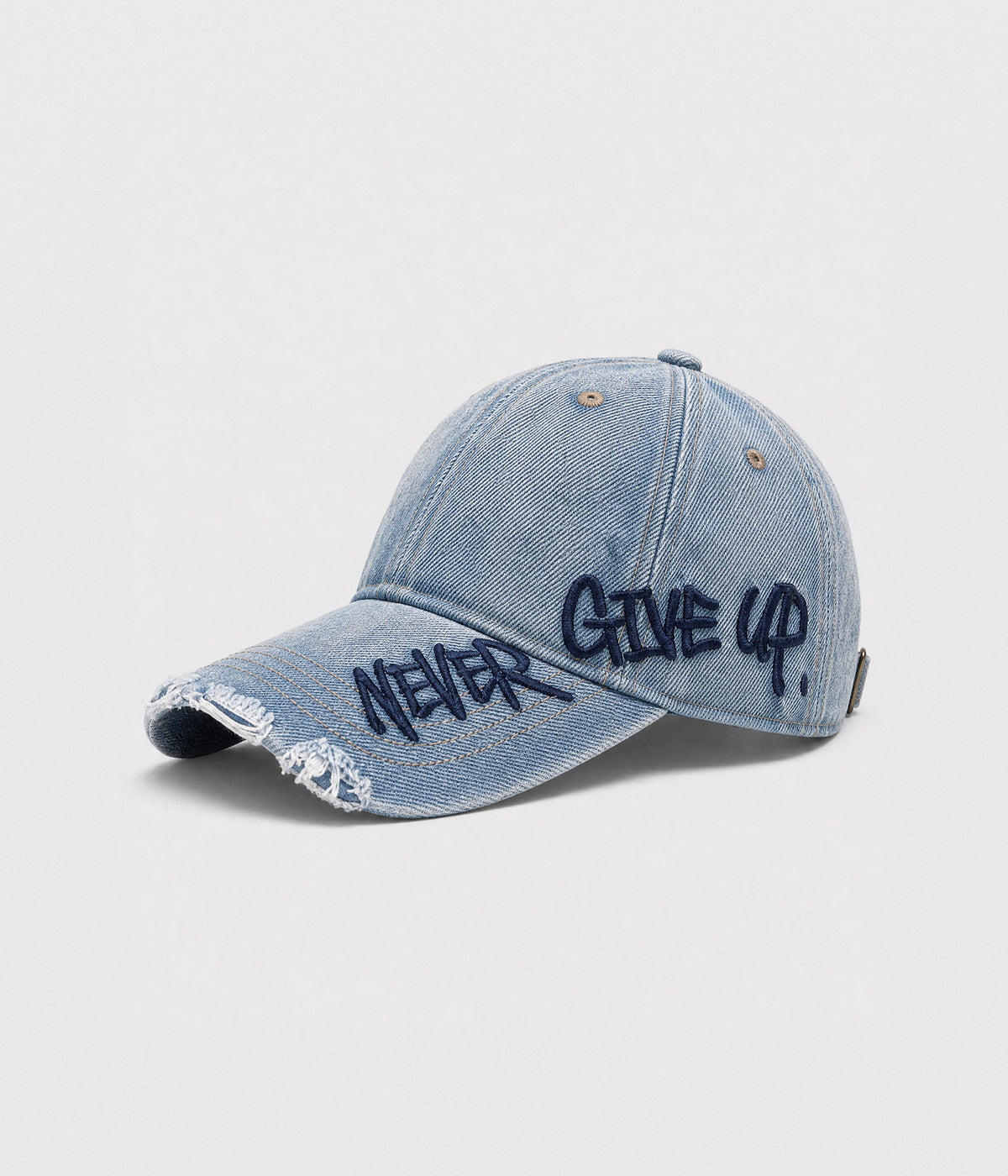NEVER GIVE UP. washed distressed cotton dad cap in DENIM, side view