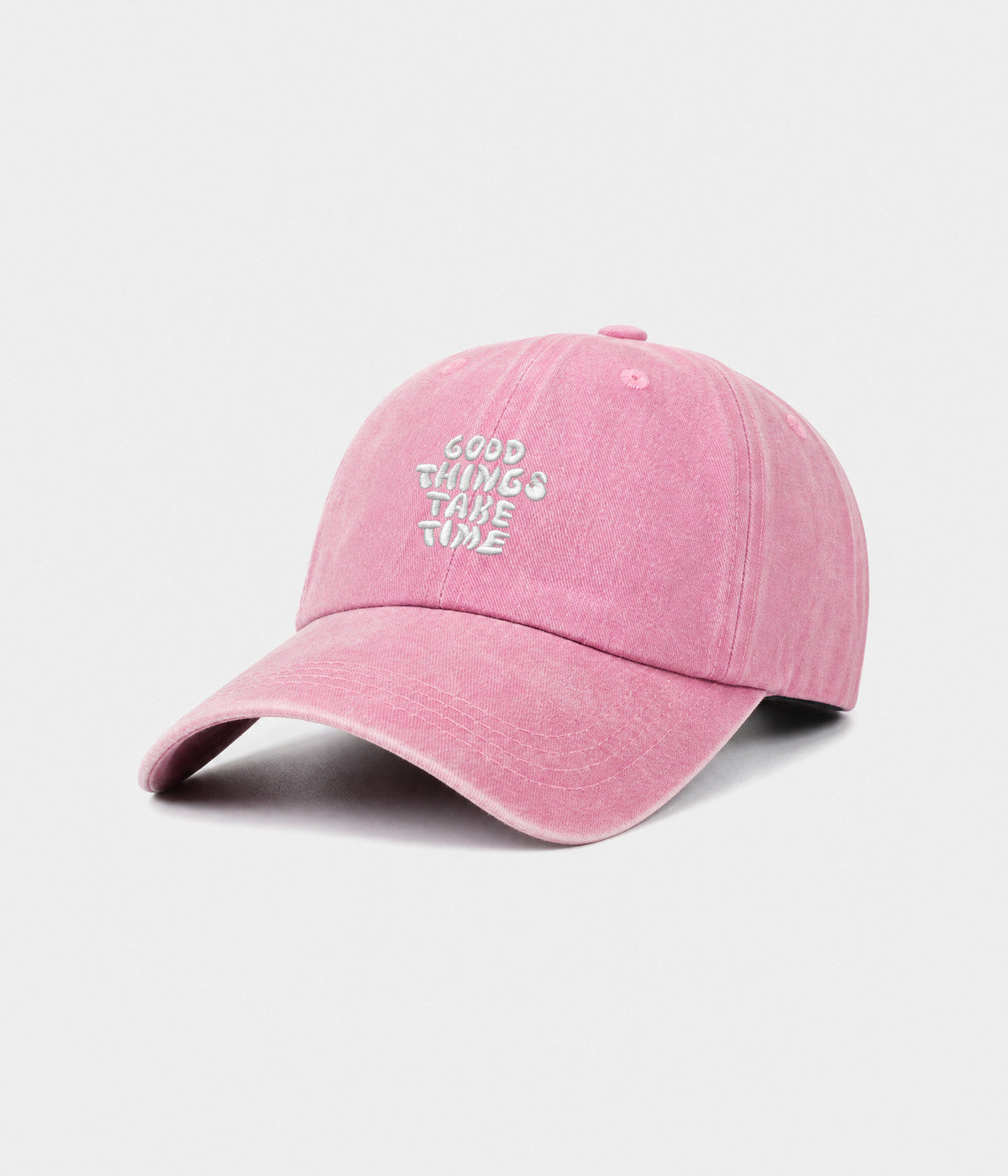 GOOD THINGS TAKE TIME. washed cotton dad cap in pink, side view