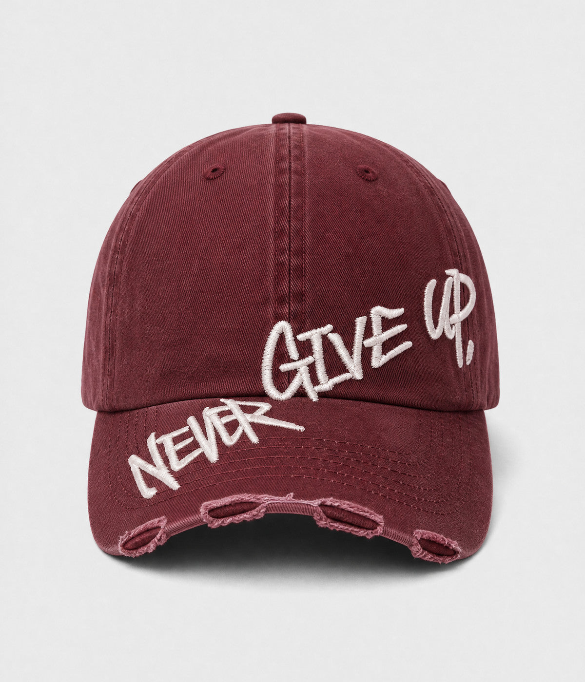 NEVER GIVE UP. washed distressed cotton dad cap in RED, front view