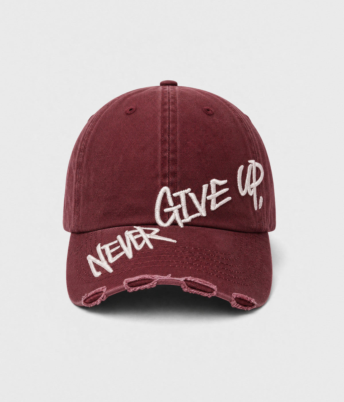 NEVER GIVE UP. washed distressed cotton dad cap in RED, front view