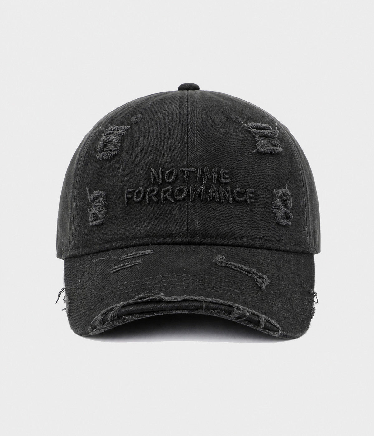 NO TIME FOR ROMANCE. washed cotton cap in BLACK, front view