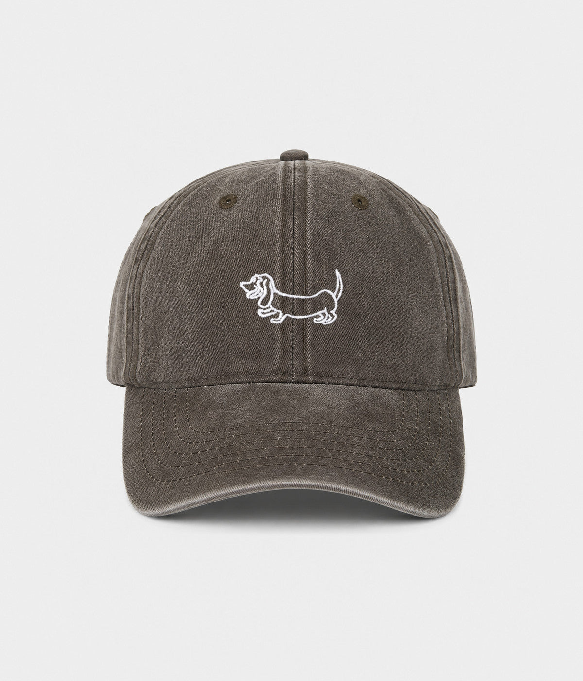 WASHED SAUSAGE DOG. washed cotton cap in COFFEE, front view
