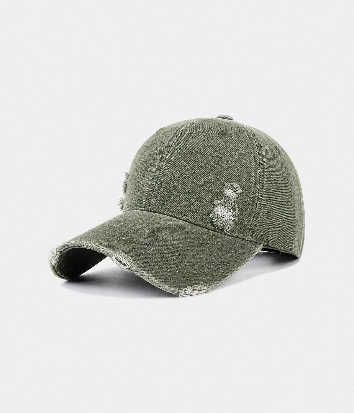 RIPPED DENIM. washed cotton denim cap in dark green, side view