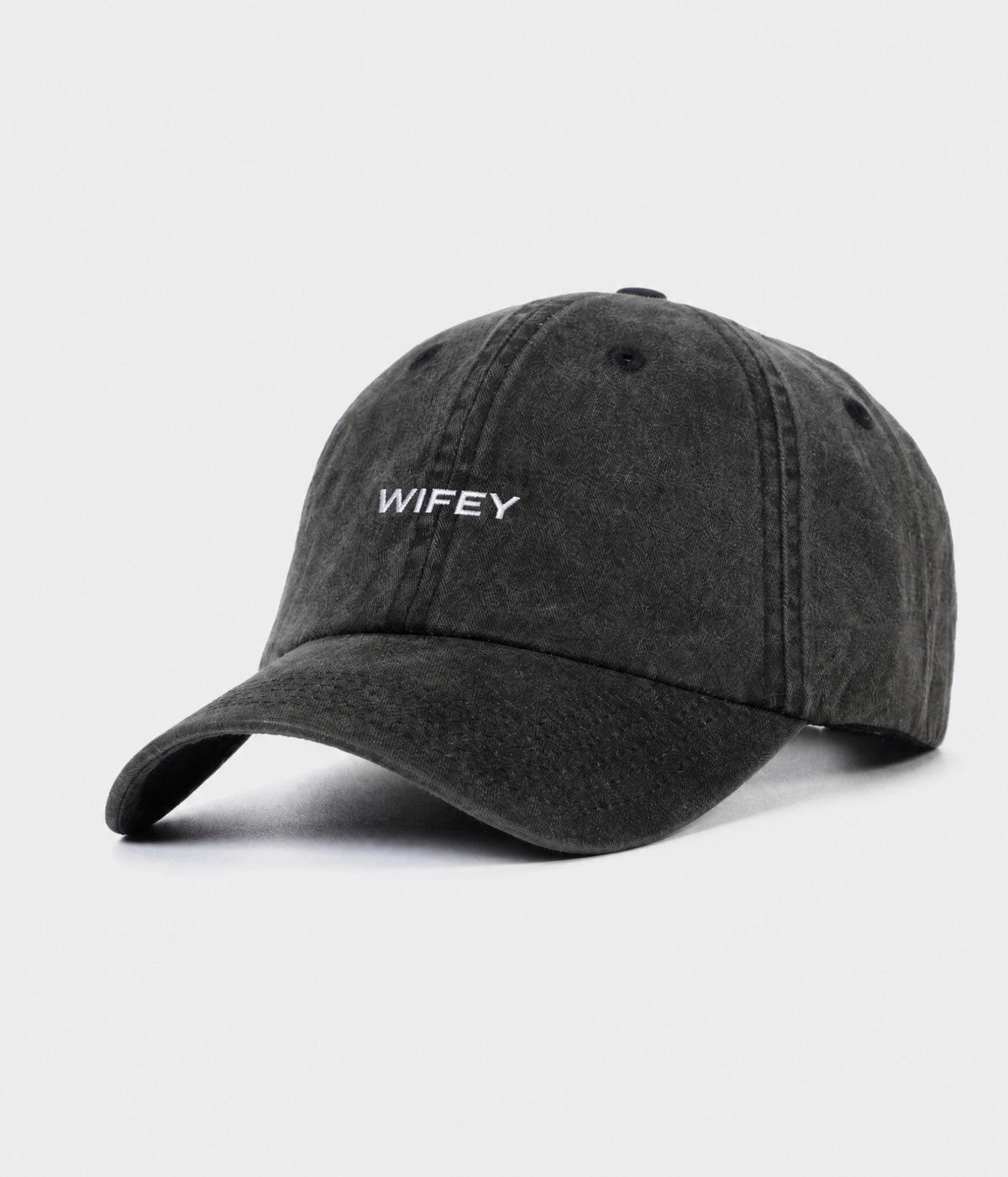 WASHED WIFEY. washed cotton dad cap in BLACK, side view