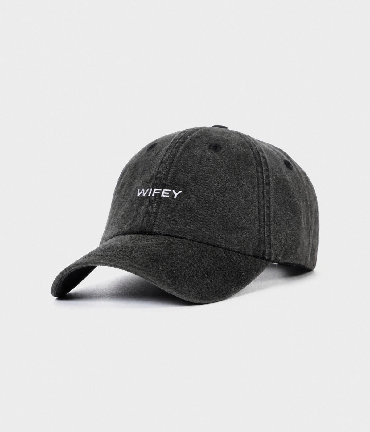 WASHED WIFEY. washed cotton dad cap in BLACK, side view