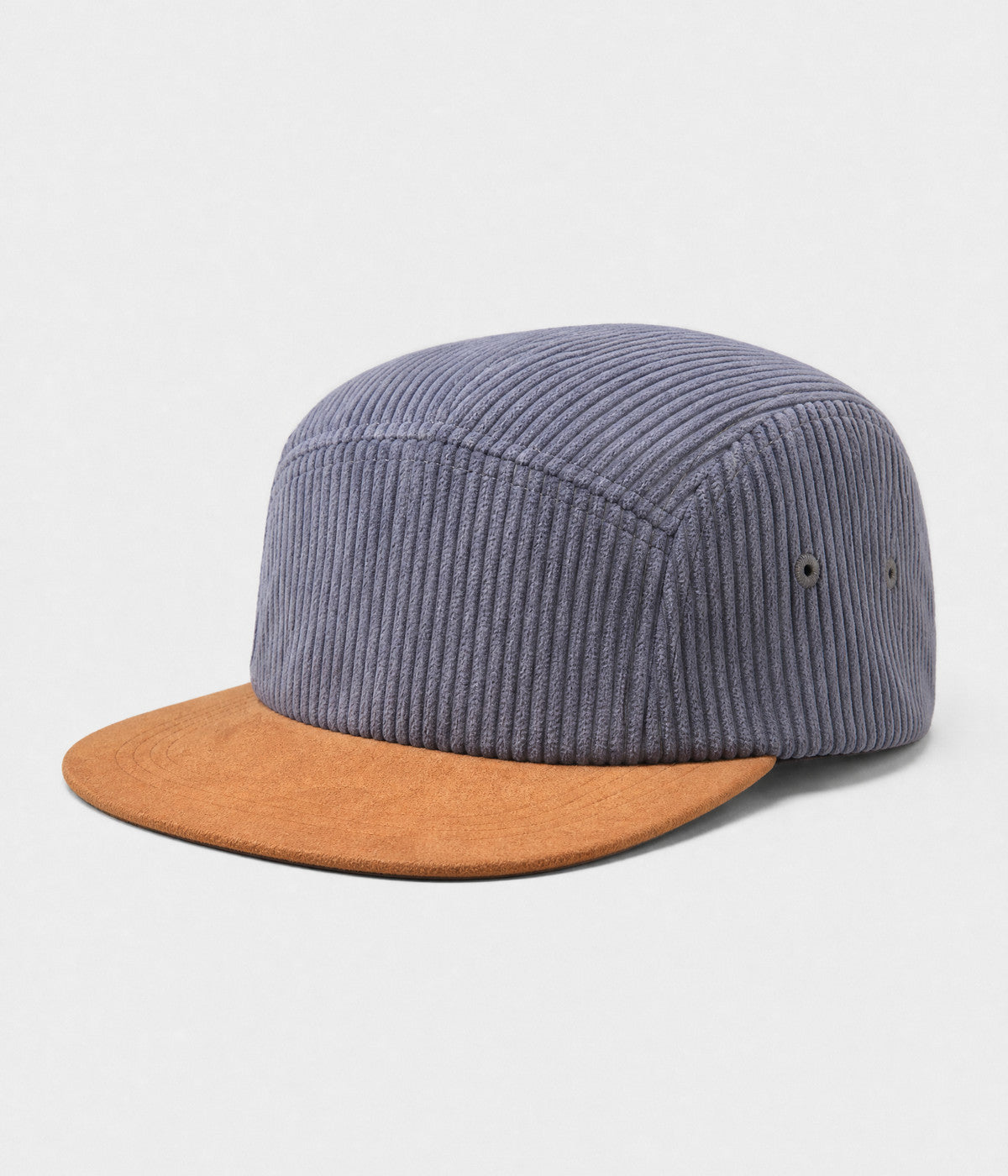 CORDUROY CAMP. wide-wale corduroy five-panel camp cap in gray, side view