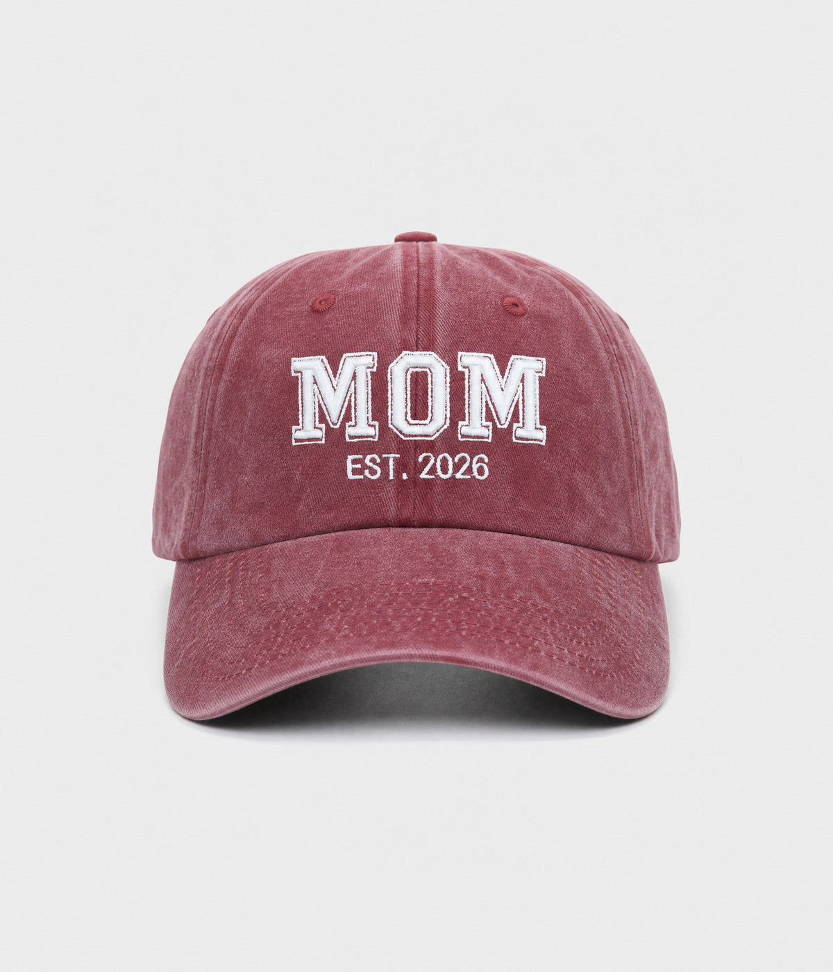 WASHED MOM EST 2026. washed cotton dad cap in RED, front view